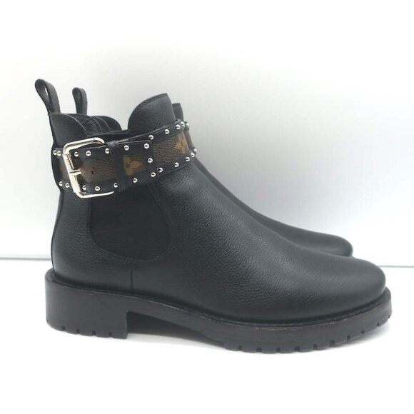 Louis Vuitton Discovery Ankle Boots Black Leather & Monogram Canvas Size 37.5 - Picture 3 of 16